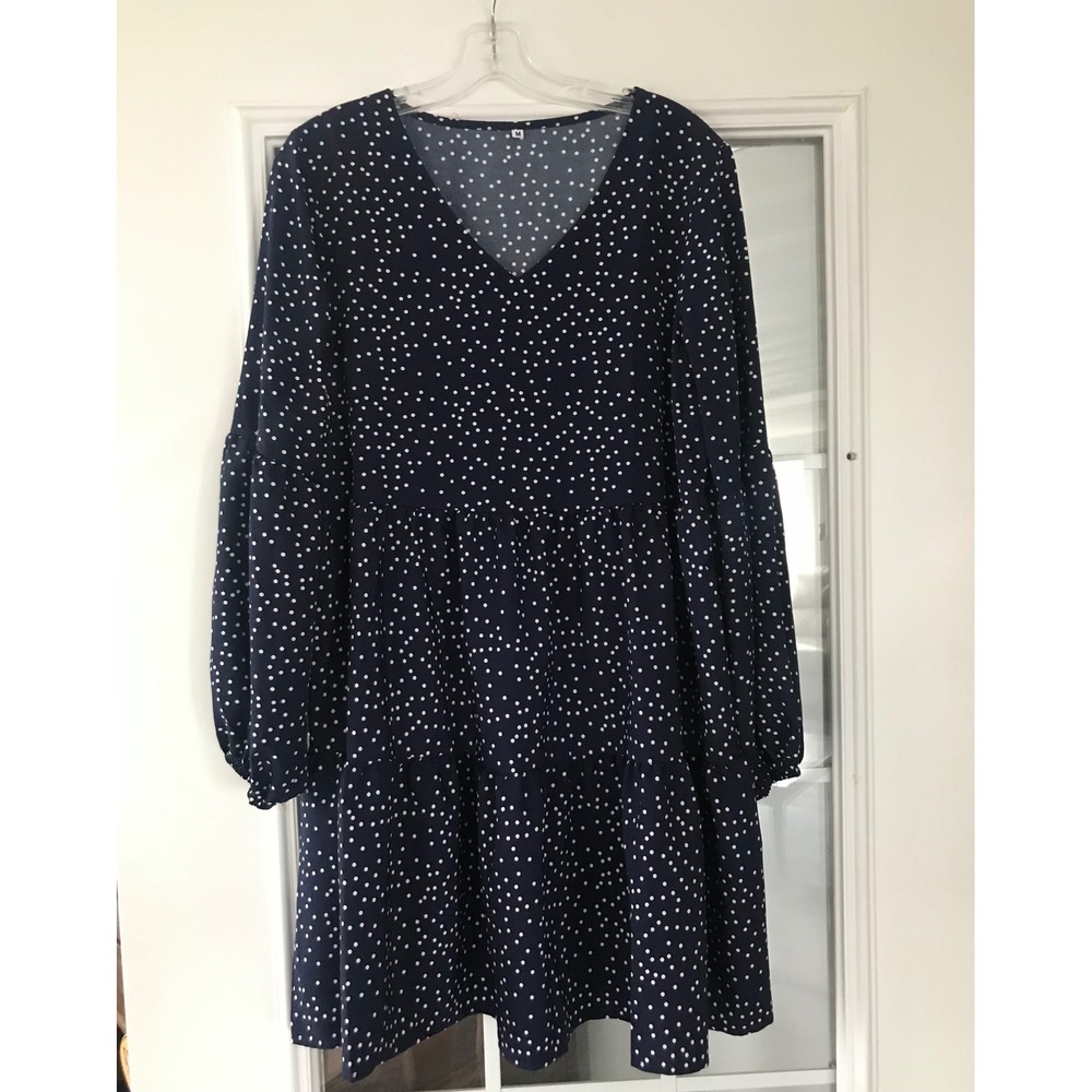 Navy Blue Polka Dot Tiered V Neck Long Sleeve Mini Dress Women's Size M